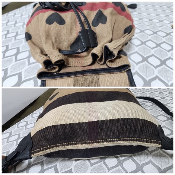 Authentic BURBERRY Leather Canvas Check Heart Print Backpack Bag Black/Beige - Picture 10 of 11